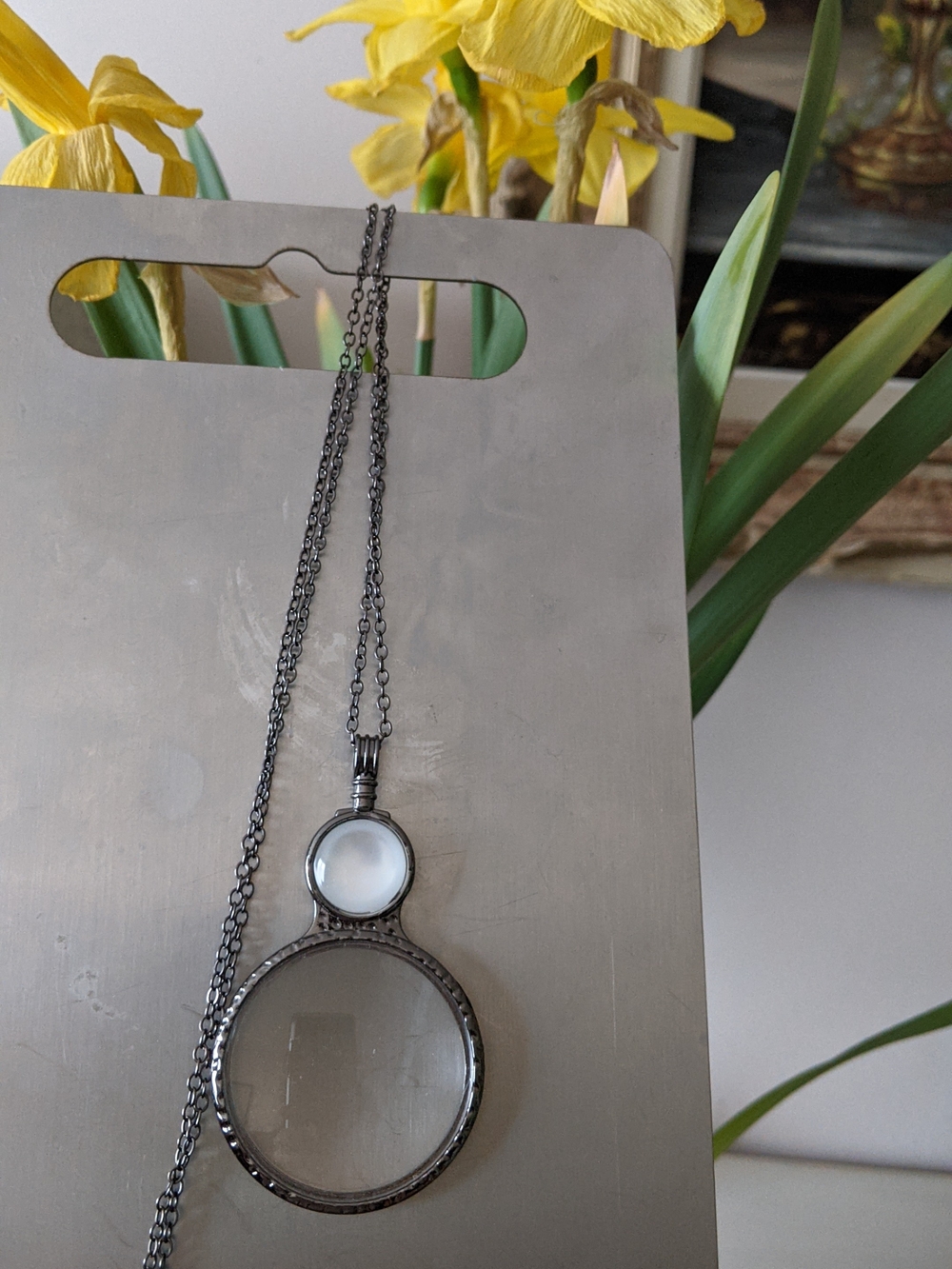 Vintage-Inspired Double Lens Pendant Necklace in Gunmetal